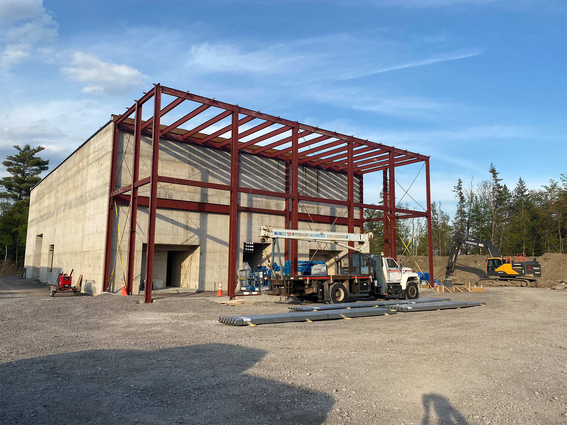 Construction site with a steel framework building under construction